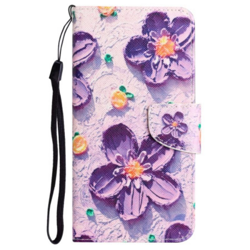 Leren Hoesje Voor Samsung Galaxy A55 5g Paarse Bloemen Met Riempje