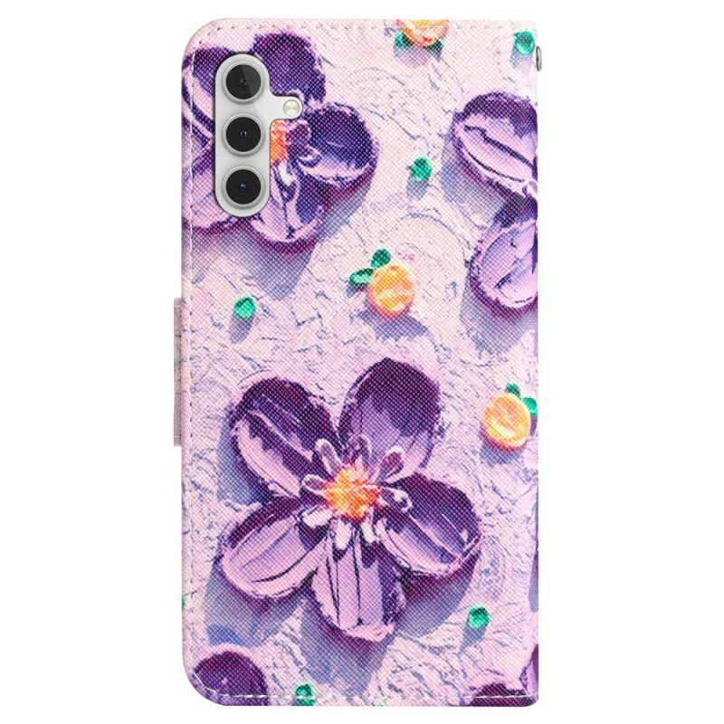 Leren Hoesje Voor Samsung Galaxy A55 5g Paarse Bloemen Met Riempje