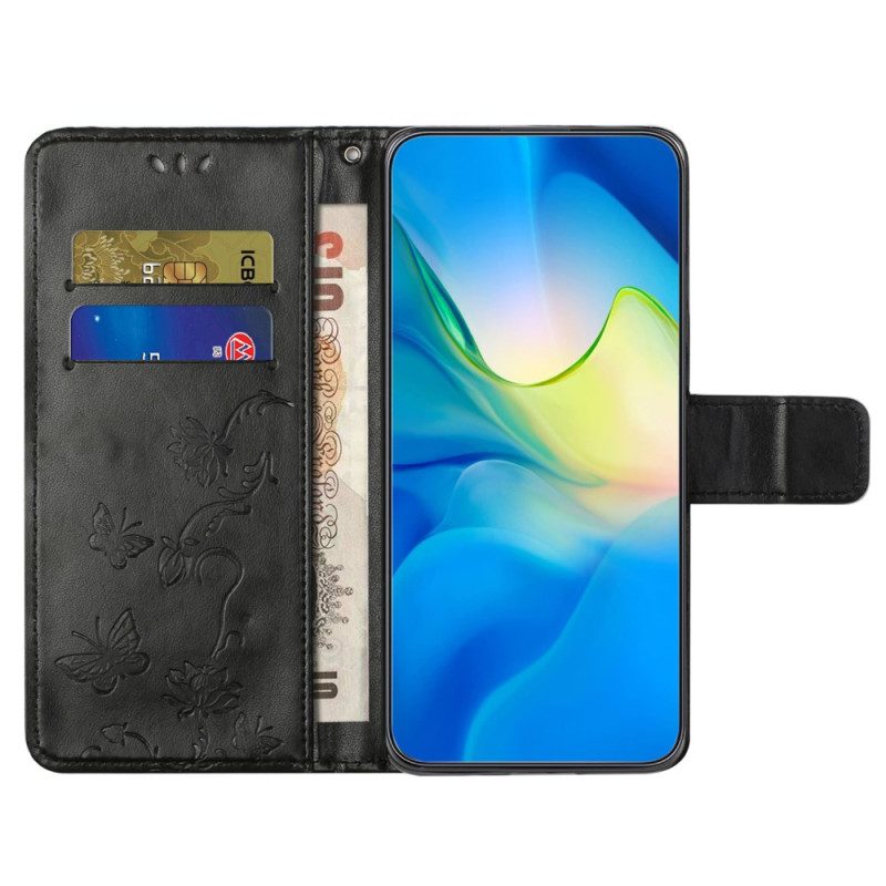 Leren Hoesje Voor Samsung Galaxy A55 5g Vlinders En Bloemen Design Met Draagkoord