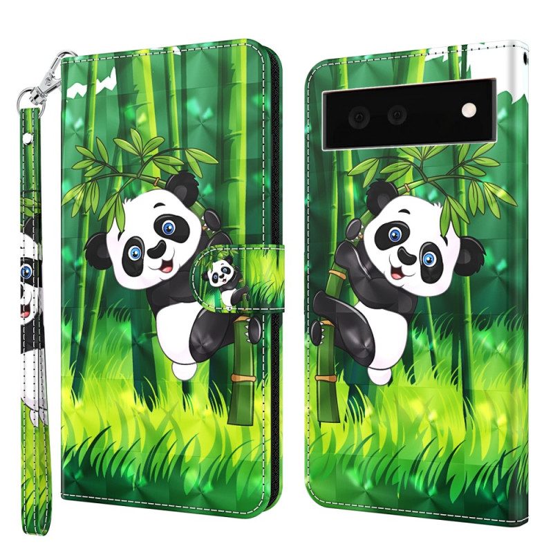 Folio-hoesje voor Google Pixel 7 Met Ketting Panda En Bamboe Met Lanyard