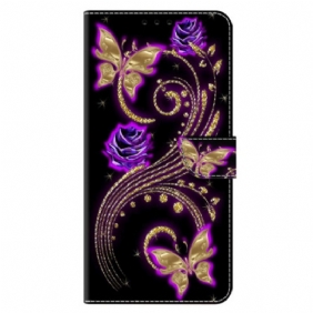 Flip Case Leren Xiaomi Redmi Note 13 5g Violette Bloemen En Vlinders