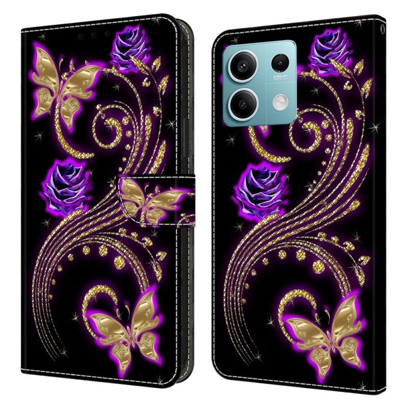 Flip Case Leren Xiaomi Redmi Note 13 5g Violette Bloemen En Vlinders