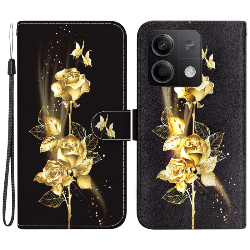 Folio-hoesje Xiaomi Redmi Note 13 5g Telefoonhoesje Gouden En Roze Vlinder