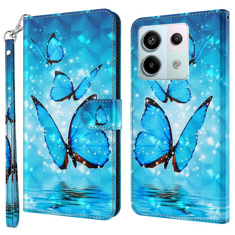 Leren Hoesje Voor Xiaomi Redmi Note 13 5g Blauwe Vlinders Met Riem