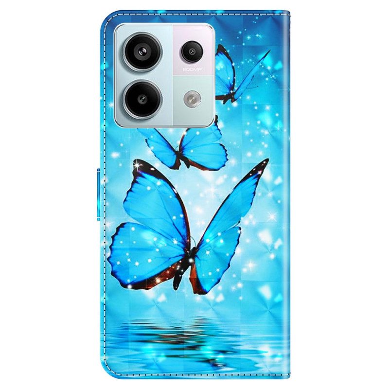 Leren Hoesje Voor Xiaomi Redmi Note 13 5g Blauwe Vlinders Met Riem