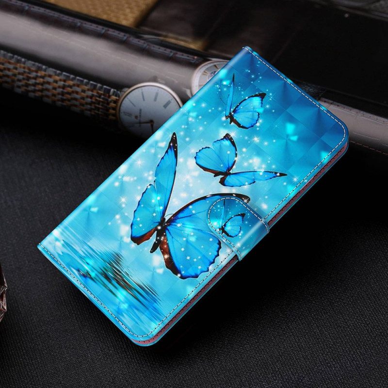 Leren Hoesje Voor Xiaomi Redmi Note 13 5g Blauwe Vlinders Met Riem