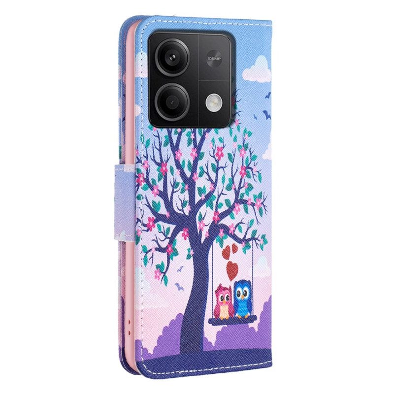 Leren Hoesje Voor Xiaomi Redmi Note 13 5g Twee Uilen Op De Schommel