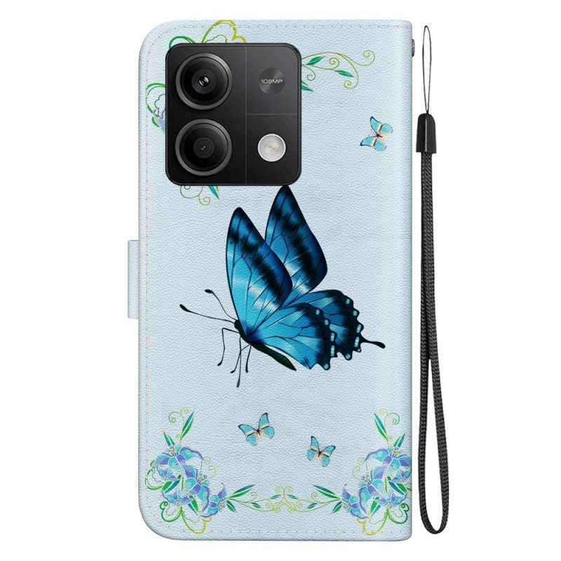 Leren Hoesje Xiaomi Redmi Note 13 5g Blauwe Vlinders En Bloemen Met Riempje