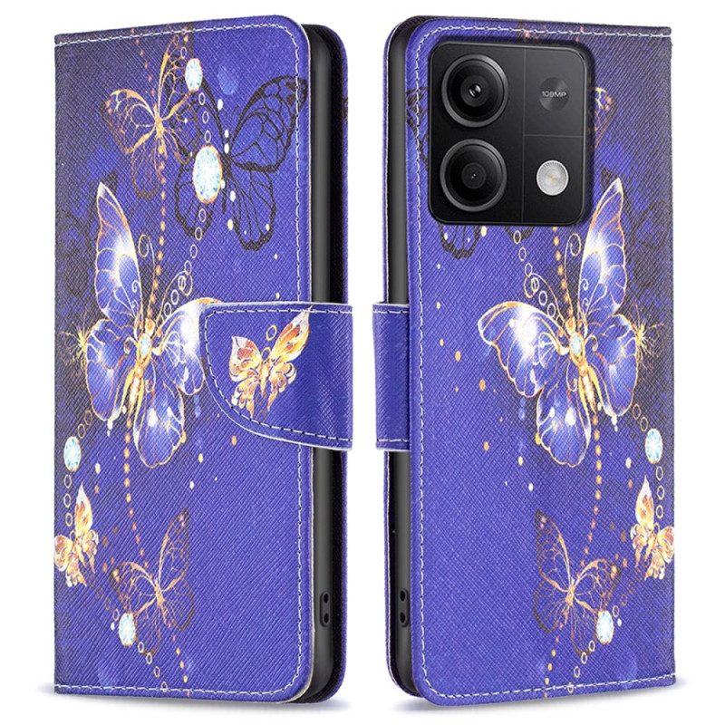 Leren Hoesje Xiaomi Redmi Note 13 5g Paarse Vlinders Bescherming Hoesje