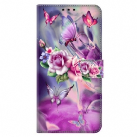 Leren Hoesje Xiaomi Redmi Note 13 5g Paarse Vlinders En Bloemen