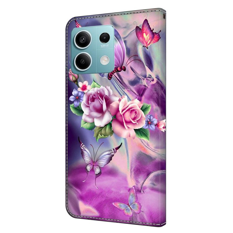 Leren Hoesje Xiaomi Redmi Note 13 5g Paarse Vlinders En Bloemen