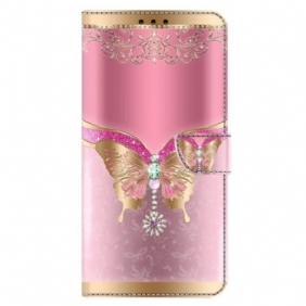 Leren Hoesje Xiaomi Redmi Note 13 5g Roze En Gouden Vlinder Bescherming Hoesje