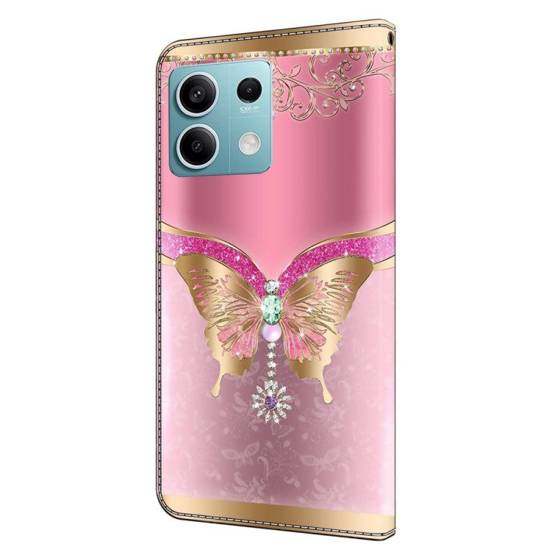 Leren Hoesje Xiaomi Redmi Note 13 5g Roze En Gouden Vlinder Bescherming Hoesje