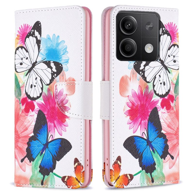 Leren Hoesje Xiaomi Redmi Note 13 5g Twee Aquarelvlinders Bescherming Hoesje