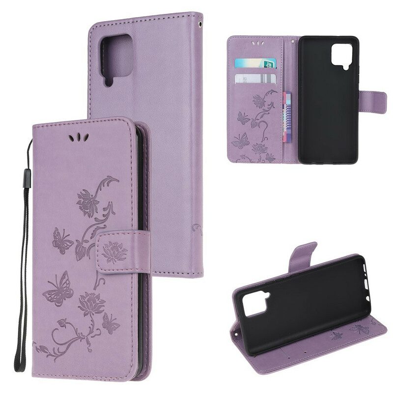 Folio-hoesje voor Samsung Galaxy A42 5G Met Ketting String Vlinders En Bloemen