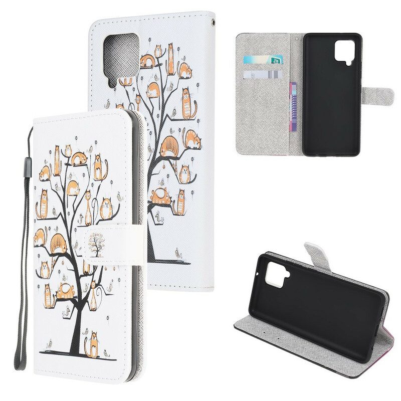 Leren Hoesje voor Samsung Galaxy A42 5G Met Ketting Funky Cats Met Riem