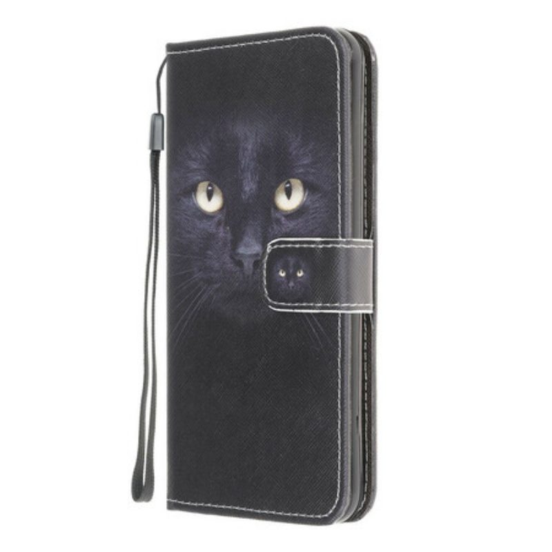 Leren Hoesje voor Samsung Galaxy A42 5G Met Ketting Strappy Zwarte Kattenogen