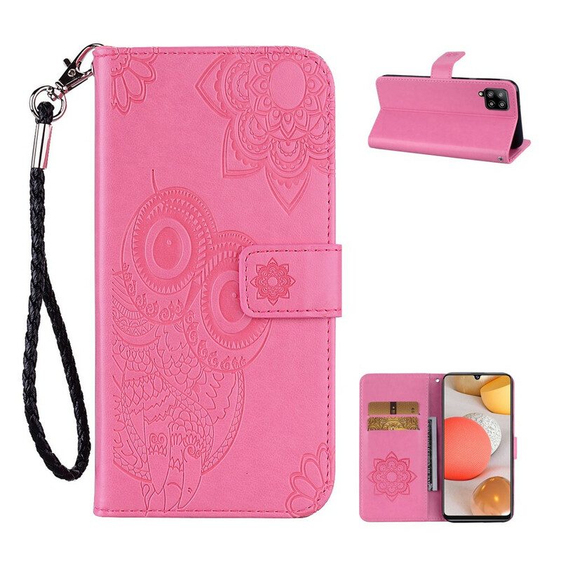 Leren Hoesje voor Samsung Galaxy A42 5G Uil Mandala En Lanyard