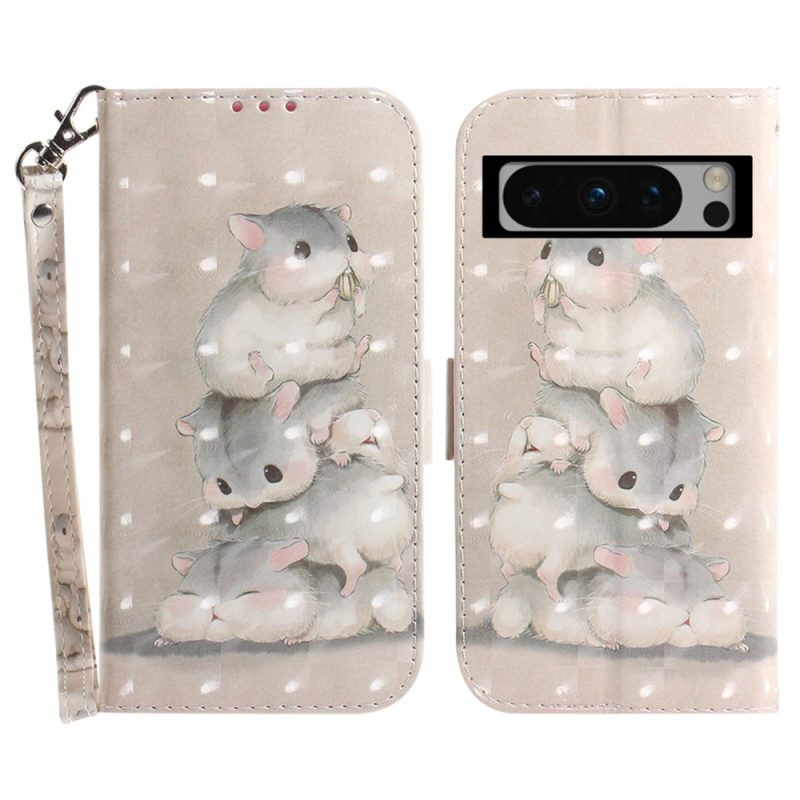 Flip Case Leren Google Pixel 8 Pro Hamsters Met Riem