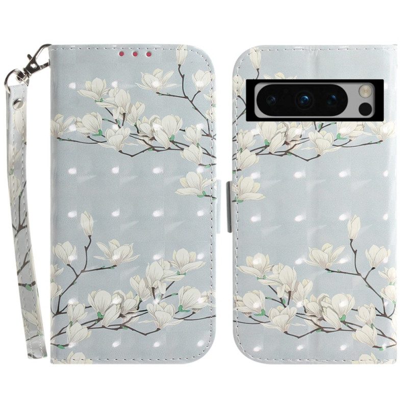 Folio-hoesje Google Pixel 8 Pro Witte Bloemen Met Riem