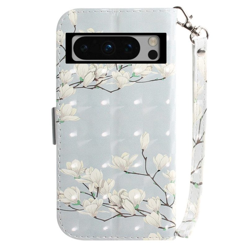 Folio-hoesje Google Pixel 8 Pro Witte Bloemen Met Riem