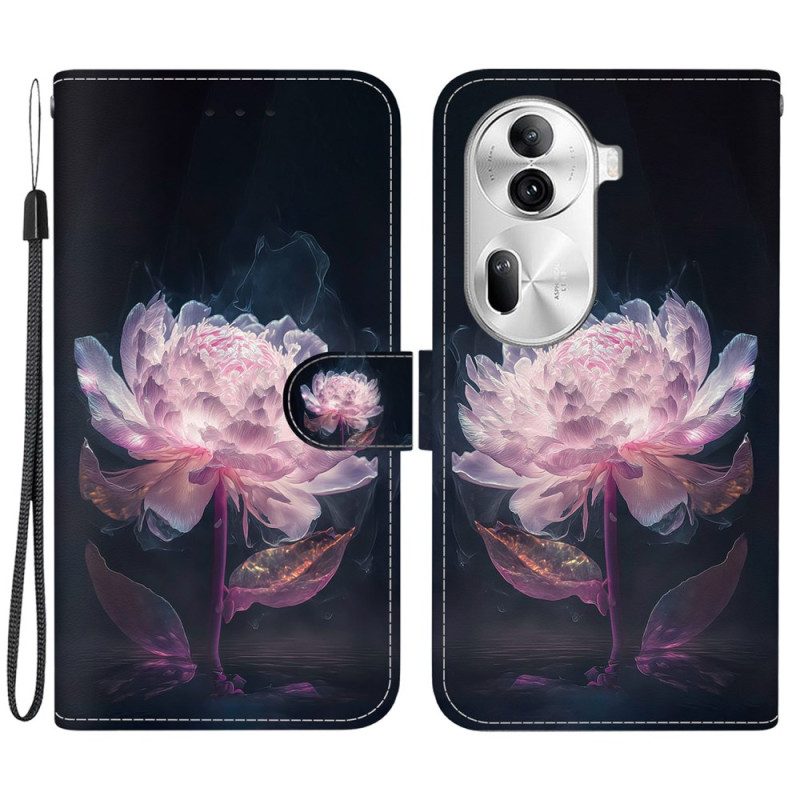 Leren Hoesje Oppo Reno 11 Pro 5g Paarse Pioen Met Riem