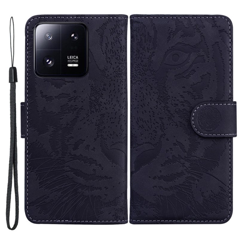 Leren Hoesje voor Xiaomi 13 Pro Met Ketting Strappy Tijgerprint