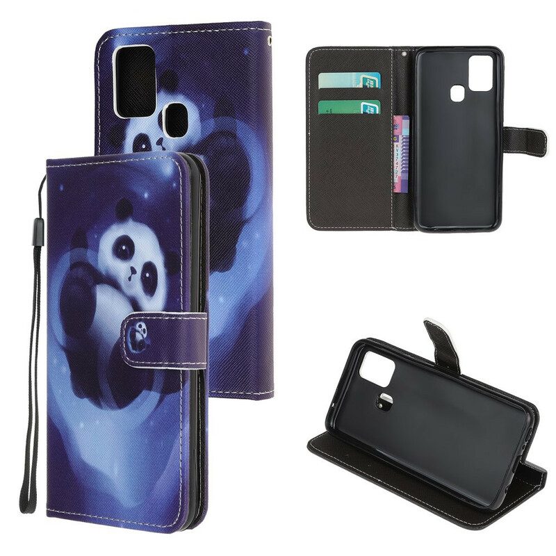 Flip Case voor Samsung Galaxy A21s Met Ketting Panda Space Met Sleutelkoord