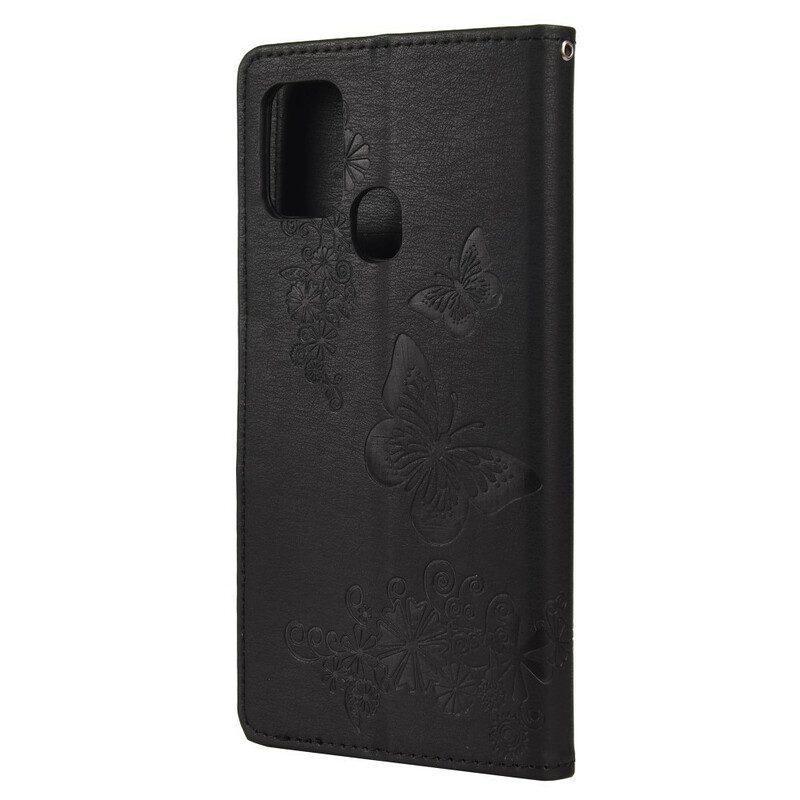 Flip Case voor Samsung Galaxy A21s Met Ketting Prachtige Riemvlinders