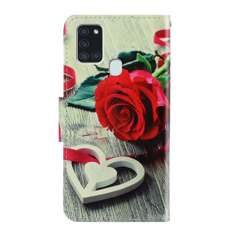 Folio-hoesje voor Samsung Galaxy A21s Met Ketting Kleurrijke Strappy Bloemen