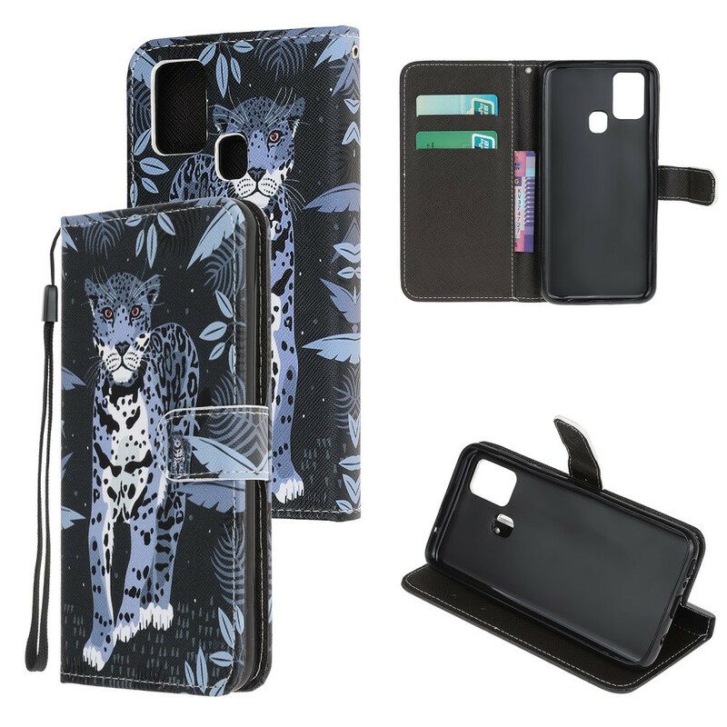 Folio-hoesje voor Samsung Galaxy A21s Met Ketting Luipaard Met Bandjes