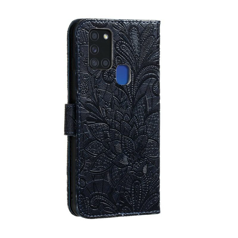 Folio-hoesje voor Samsung Galaxy A21s Met Ketting Riem Tribal Bloemen