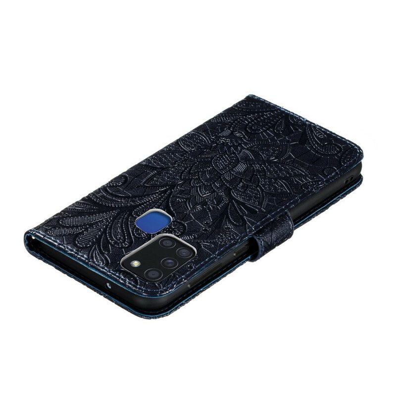 Folio-hoesje voor Samsung Galaxy A21s Met Ketting Riem Tribal Bloemen