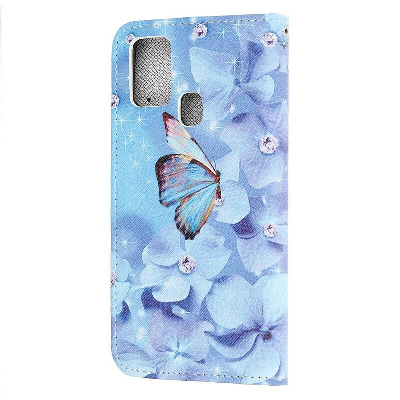 Folio-hoesje voor Samsung Galaxy A21s Met Ketting Strappy Diamanten Vlinders