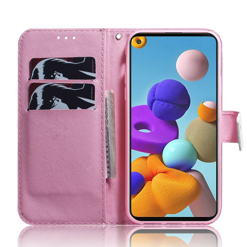 Leren Hoesje voor Samsung Galaxy A21s Bloem Stoffig Roze