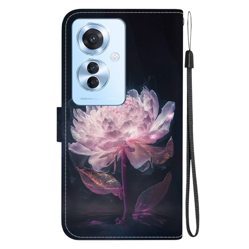 Leren Hoesje Oppo Reno 11f 5g Paarse Pioen Met Riem Bescherming Hoesje