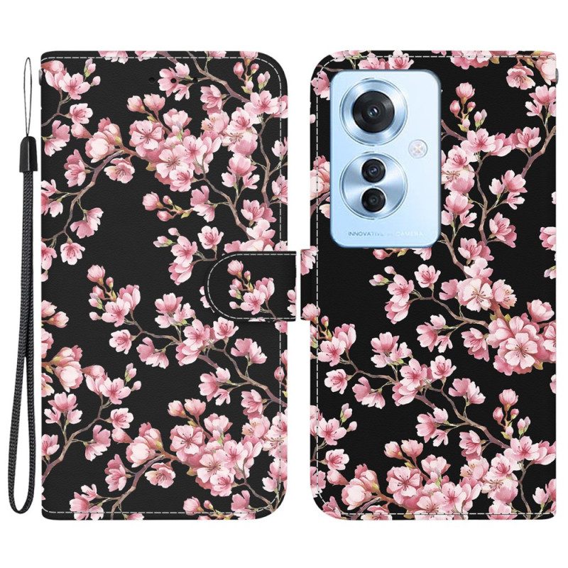 Leren Hoesje Oppo Reno 11f 5g Pruimenbloesems Met Riempje Bescherming Hoesje