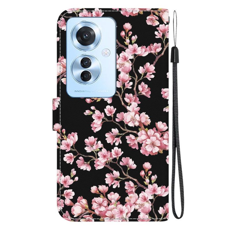 Leren Hoesje Oppo Reno 11f 5g Pruimenbloesems Met Riempje Bescherming Hoesje