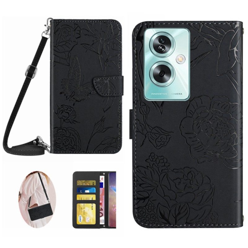 Leren Hoesje Oppo Reno 11f 5g Vlinderprint Met Schouderband Bescherming Hoesje