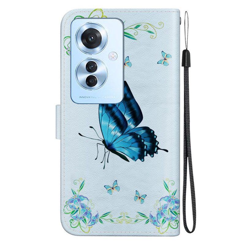 Leren Hoesje Voor Oppo Reno 11f 5g Blauwe Vlinders En Bloemen