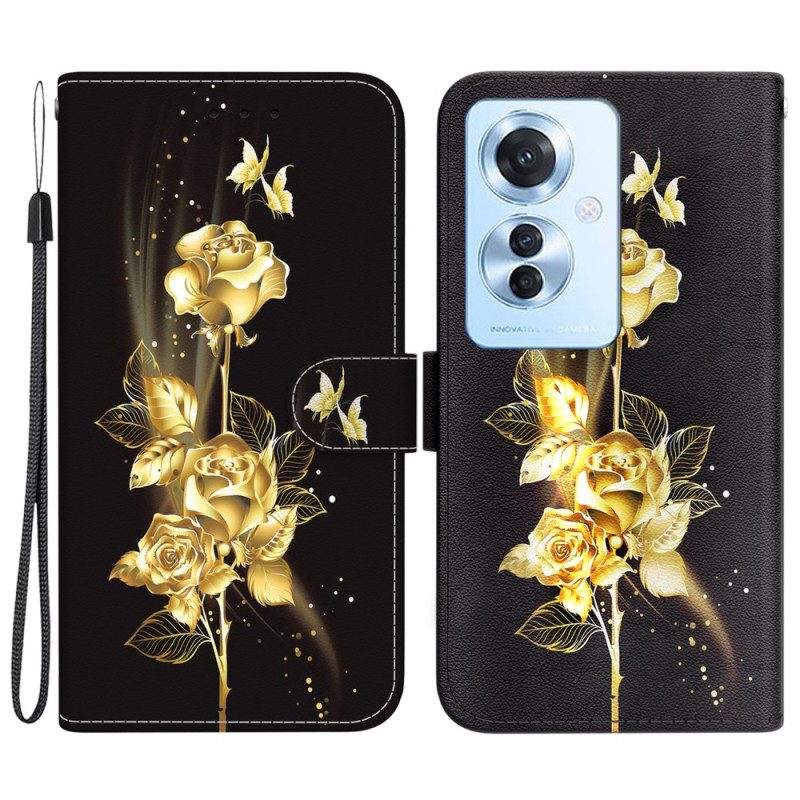 Leren Hoesje Voor Oppo Reno 11f 5g Gouden Vlinders En Rozen Met Riem