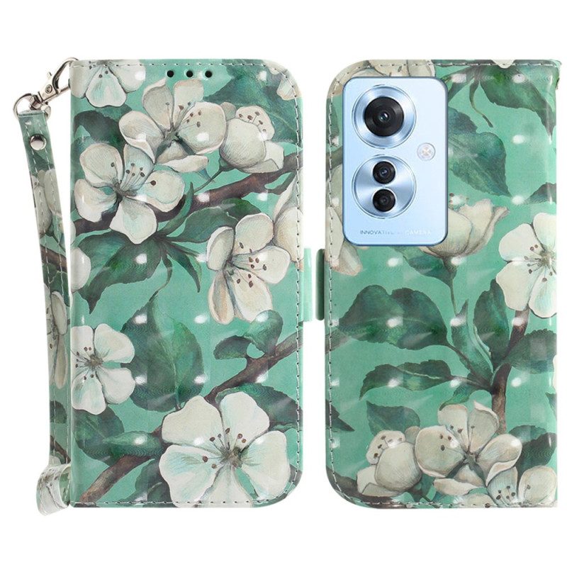 Leren Hoesje Voor Oppo Reno 11f 5g Witte Bloemen Met Riem