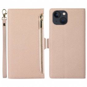 Folio-hoesje voor iPhone 14 Plus Met Ketting Litchi Leer Met Riem En Ritssluiting