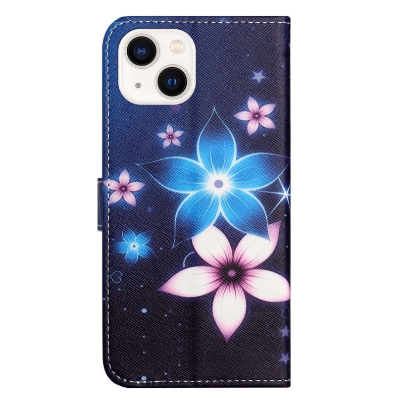 Folio-hoesje voor iPhone 14 Plus Met Ketting Maanband Bloemen