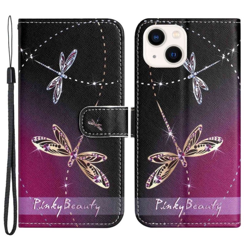 Folio-hoesje voor iPhone 14 Plus Met Ketting Strappy Libellen