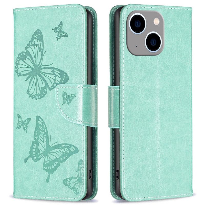 Folio-hoesje voor iPhone 14 Plus Met Ketting Vlinders Bedrukte Strappy