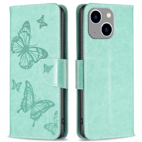 Folio-hoesje voor iPhone 14 Plus Met Ketting Vlinders Bedrukte Strappy