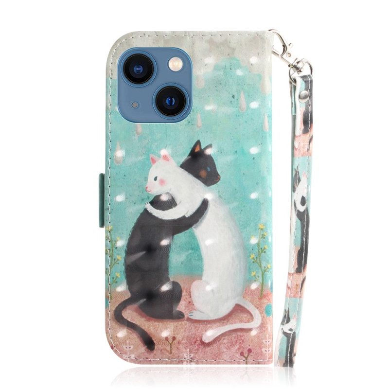 Folio-hoesje voor iPhone 14 Plus Met Ketting Zwarte Kat Witte Kat Met Riem