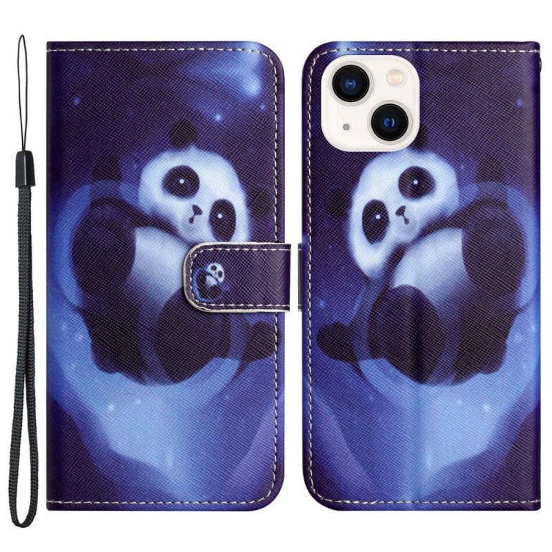 Leren Hoesje voor iPhone 14 Plus Met Ketting Panda In De Ruimte Met Sleutelkoord