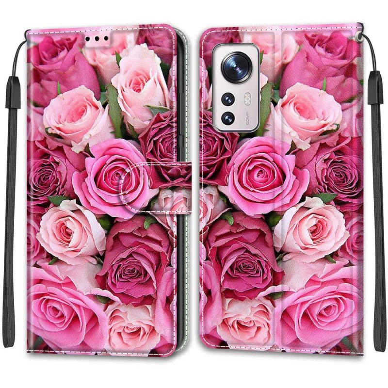 Flip Case voor Xiaomi 12 / 12X Met Ketting Strakke Bloemen